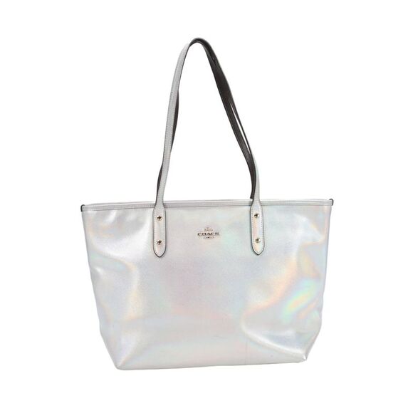 Coach Handbags - Coach Womens Leather Metallic Top Handle Tote Handbag Silver